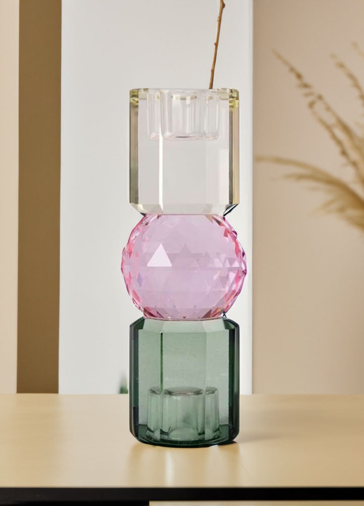 Kristall Ljusstake ljusgul, rosa, grön 16,5x6x6 cm