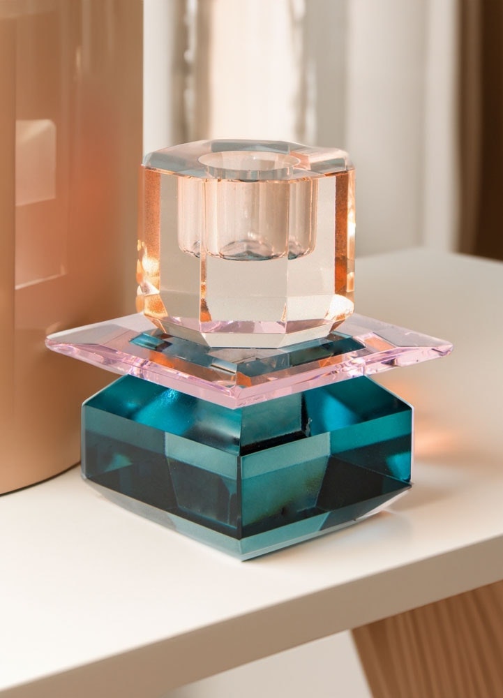 Kristall Ljusstake petrol, rosa, orange 8,5x7x7 cm