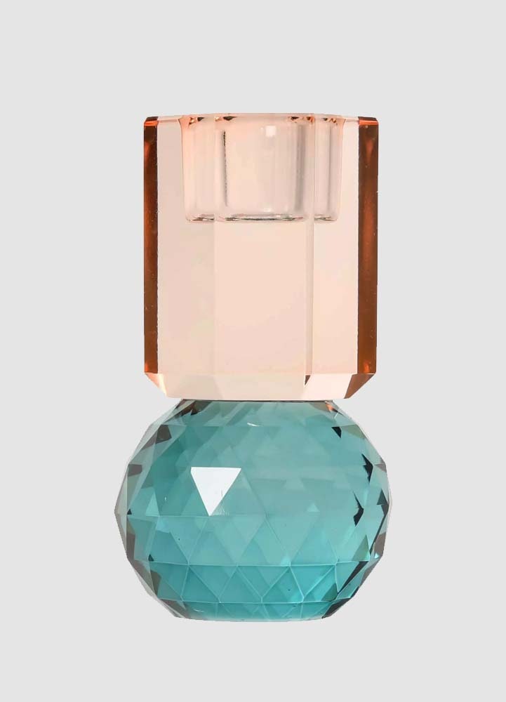 Kristall Ljusstake persika, petrol 10,5x6x6 cm
