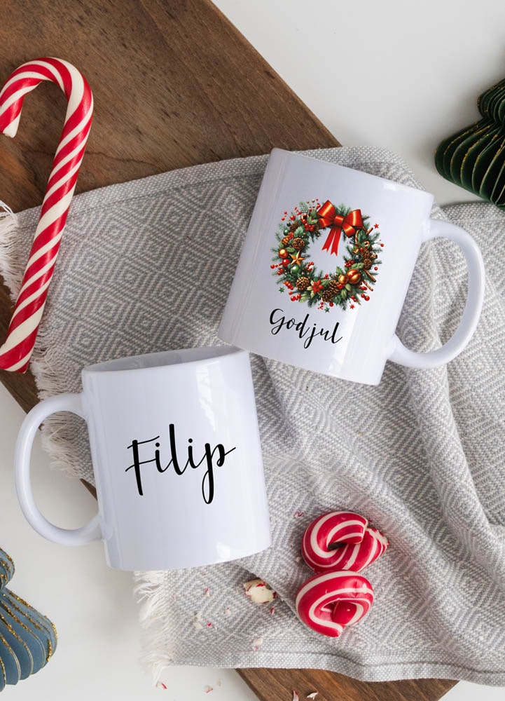Personlig julmugg med namn, julkrans