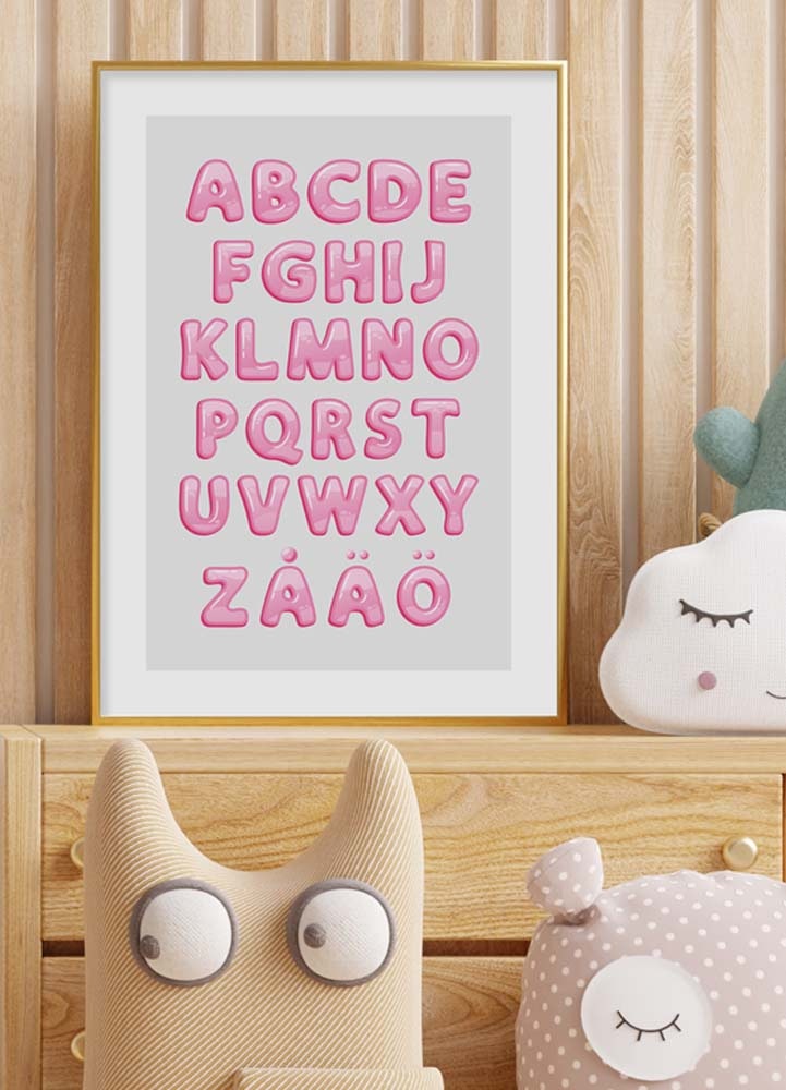 Barnposter Alfabet rosa bubbelgum