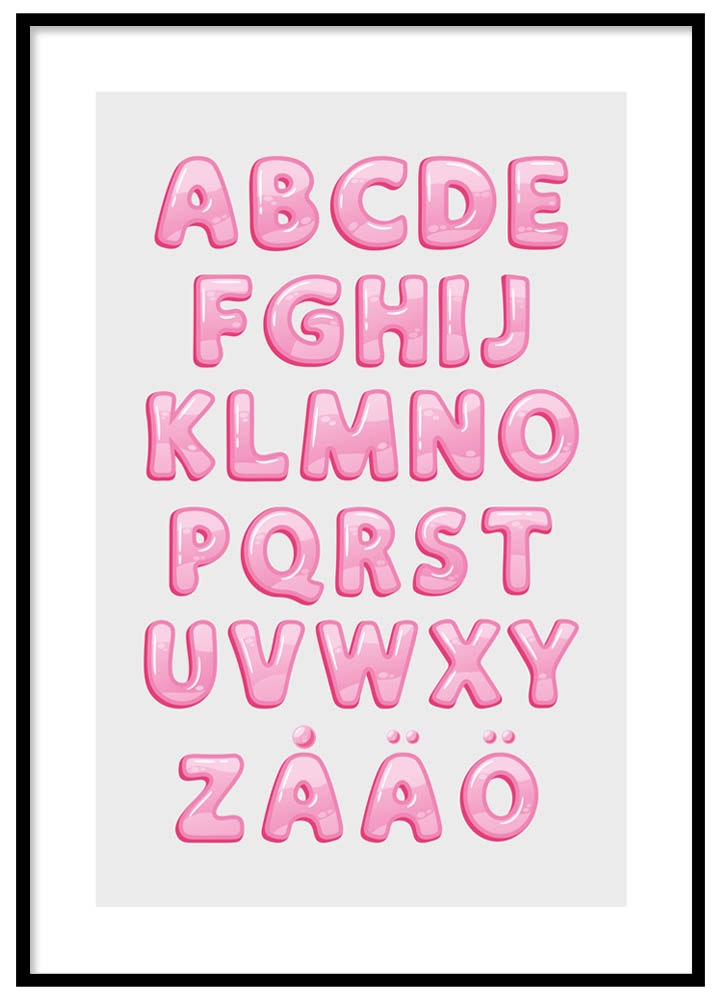 Barnposter Alfabet rosa bubbelgum