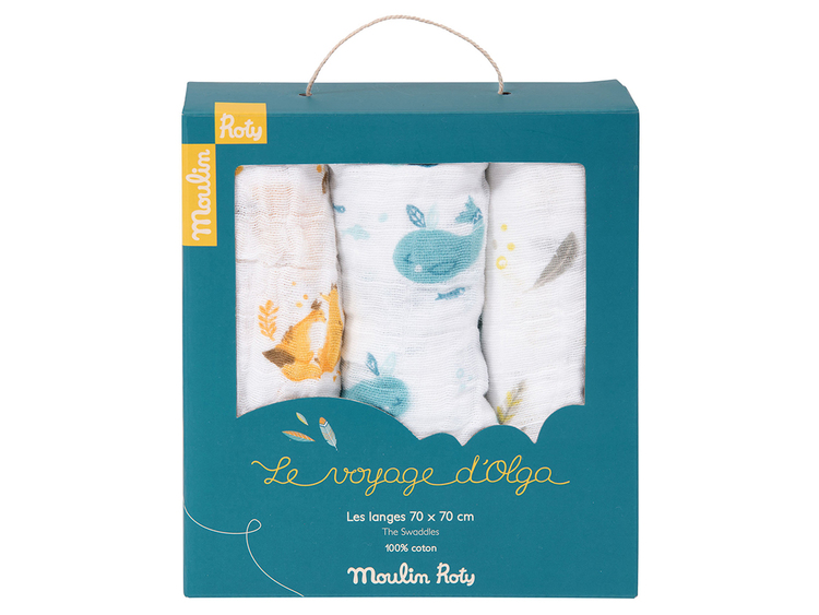 3-pack muslinfiltar 70 x 70 cm 'Le Voyage d'Olga', Moulin Roty