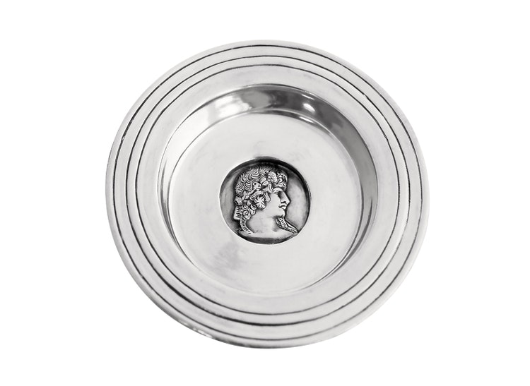 Bowl, coaster, bottle stand in pewter with Pallas Athena medallion at the bottom from Munka Tenn