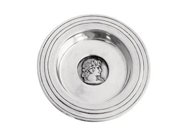Bowl, coaster, bottle stand in pewter with Pallas Athena medallion at the bottom from Munka Tenn