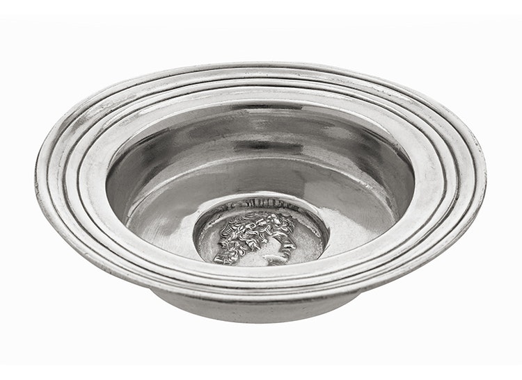Bowl, coaster, bottle stand in pewter with Pallas Athena medallion at the bottom from Munka Tenn