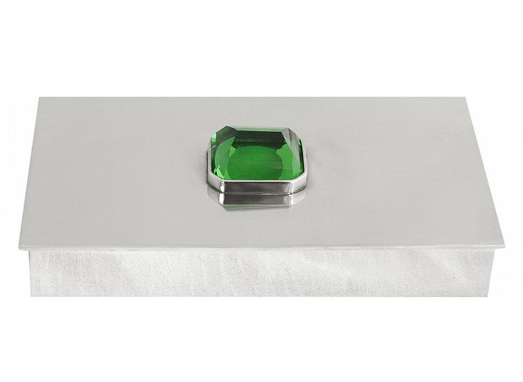 Tin casket with large green stone on the lid from Munka Tin