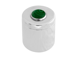 Ask i tenn, med sten i malakit på locket, rund 5 x 6 cm, från Munka Tenn
