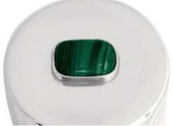 Ask i tenn, med sten i malakit på locket, rund 5 x 6 cm, från Munka Tenn