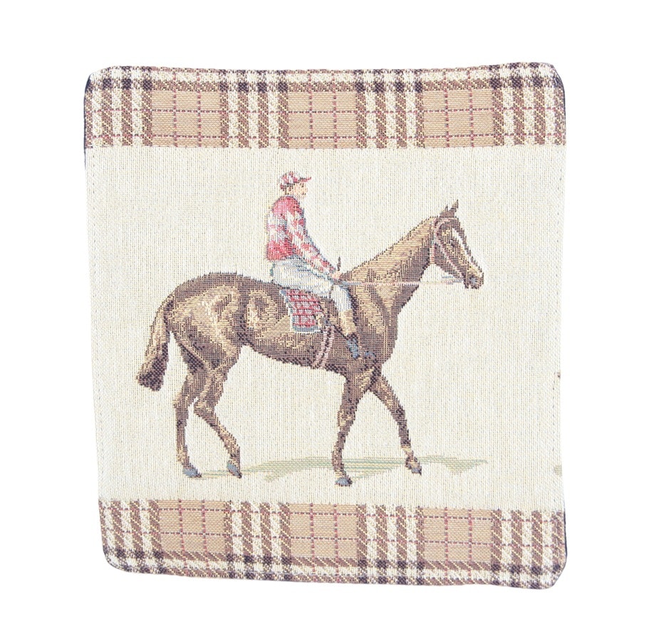 Grytlapp med ryttaren som bär en traditionell jockeyutstyrsel i jacquardtyg - obs styckvis