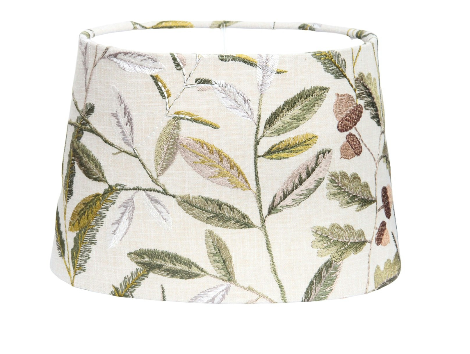 Lampskärm, oval med motiv av bland annat eklöv och ekollon,
