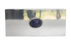 Skrin med LAPIS LAZULI sten på locket, rektangulär, höjd 5,8 cm x 19,5 cm längd och 9,5 cm bred