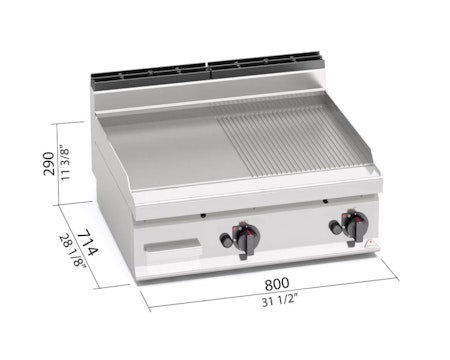 Gas-stekbord Räfflad/Slät 1,2kW, 800x714 mm, BERTOS
