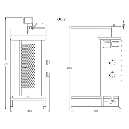 Gas Kebabgrill GD2/S, 30kg kött effekt:7kW, POTIS