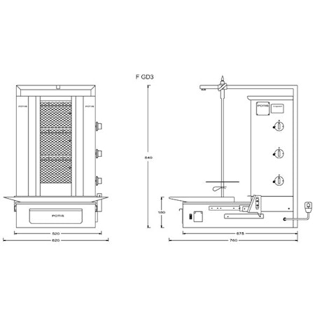 Gas Kebabgrill F-GD3, 40kg kött effekt:10.5kW, POTIS