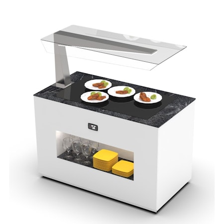 Buffestation Varm BUCA/BUCA-1, Sidoöverhylla H/V,  VÄRMEHÄLL i GLAS, 1300x700x1400mm,SAYL