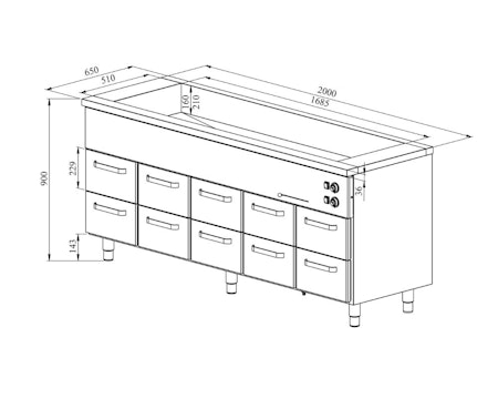 Värmeskåp med vattenbad 2000x650x900mm (5xGN1/1-150 + 10 låda GN 1/1-150) KLH 20010, COOLPART