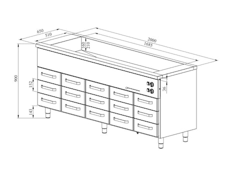 Värmeskåp med vattenbad 2000x650x900mm (5xGN1/1-150 + 15 låda GN 1/1-100) KLH 20015, COOLPART