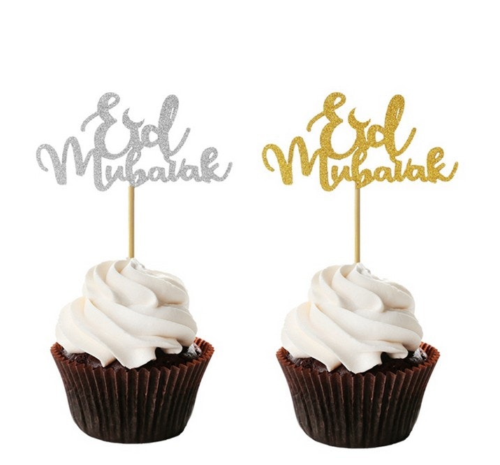 10pack Eid Mubarak Glitter Cupcakes Toppers, guld/silver, 4*7 cm, Återanvändbara!