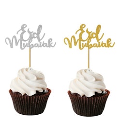 10pack Eid Mubarak Glitter Cupcakes Toppers, guld/silver, 4*7 cm, Återanvändbara!