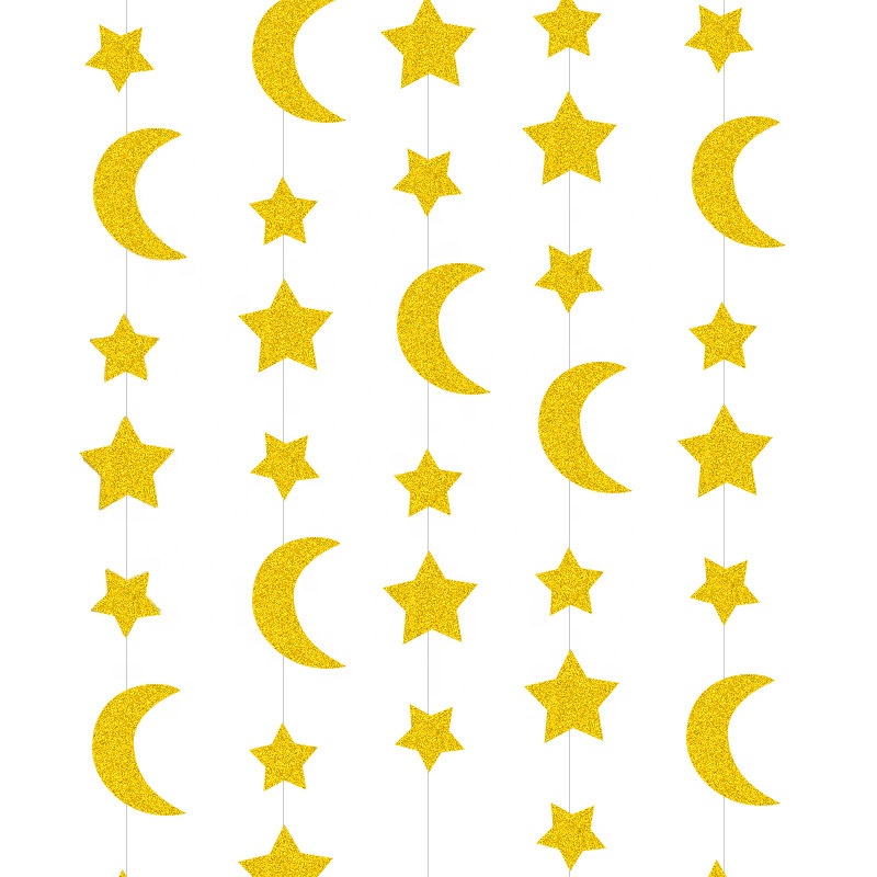 Ramadan och Eid Guldglittrande Stjärnor och Månar - 4 m lång!