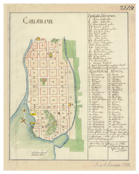 Historisk karta över Karlshamn, år 1785
