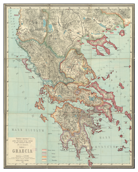 Historisk karta över Grekland, år 1889 (Fri frakt!)