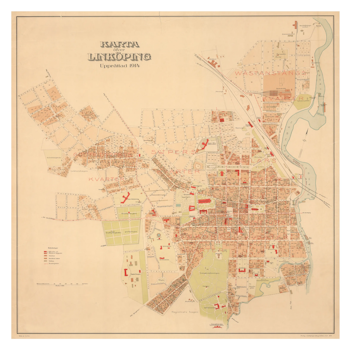 Historisk karta över Linköping, år 1914 (Fri frakt!)