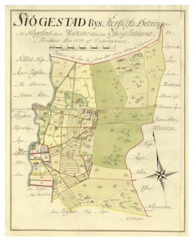 Historisk karta över Sjögestad i Linköping, år 1772. (Fri frakt!)