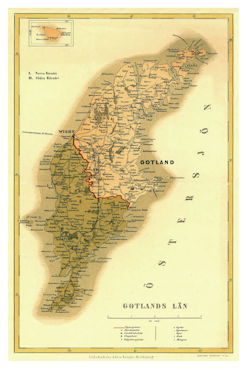 Historisk karta över Gotland, ca. år 1880. (Fri frakt!)