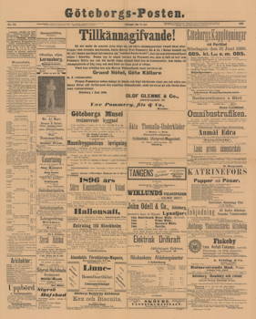 Löpsedel / Förstasida från Göteborgsposten (1896)
