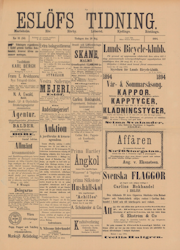 Löpsedel / Förstasida från Eslöv, Skåne (1894)