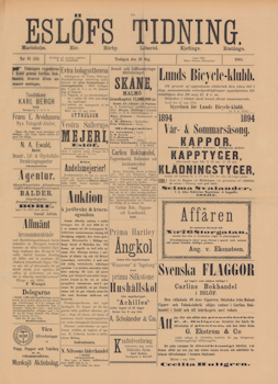 Löpsedel / Förstasida från Eslöv, Skåne (1894)