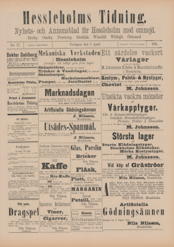 Löpsedel / Förstasida från Hässleholms Tidning (1891)