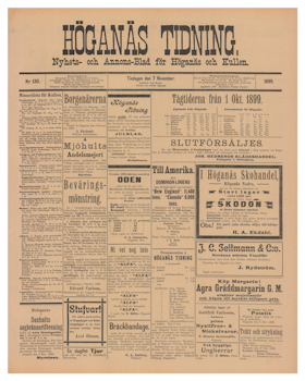 Historisk löpsedel från Höganäs tidning, år 1899 (Fri frakt!)