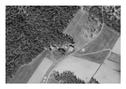 Historiskt flygfoto över Rombäck, ca. år 1960