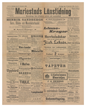 Löpsedel / förstasida från Mariestad, år 1895