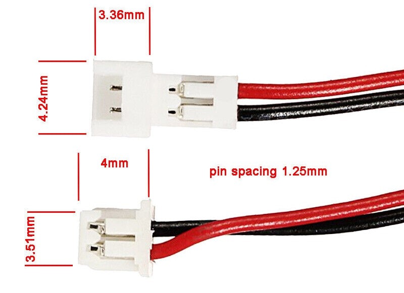 JST PH 1,25 2 pin hann hun plugg med kabel