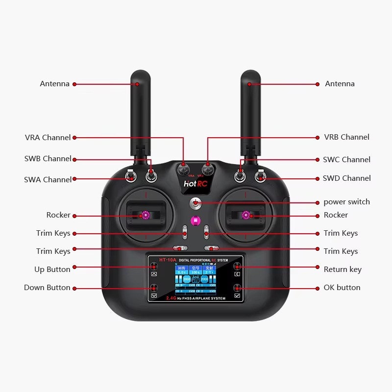 HT-10A 2.4G 10CH FHSS TX med 10 kanals mottaker