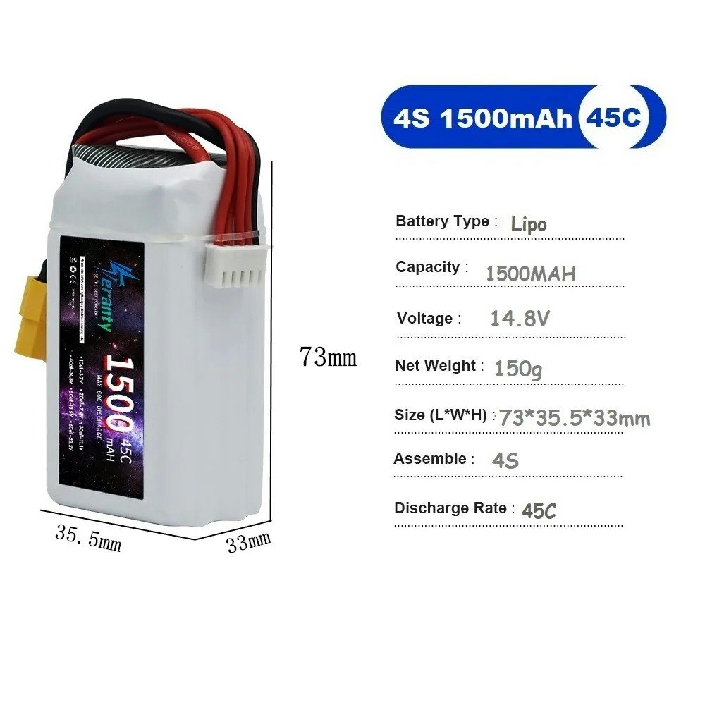 14,8 volt 4S 45C 1500 mAh LiPo XT60 plugg