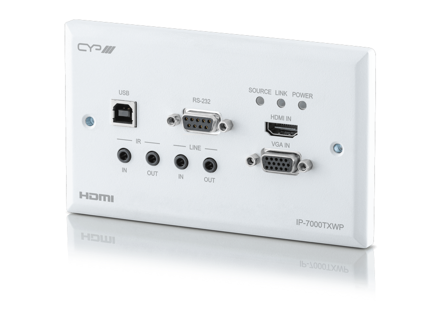 CYP/// HDMI eller VGA över IP sändare för väggmontage, USB, 4K, HDCP2.2, PoE, CEC