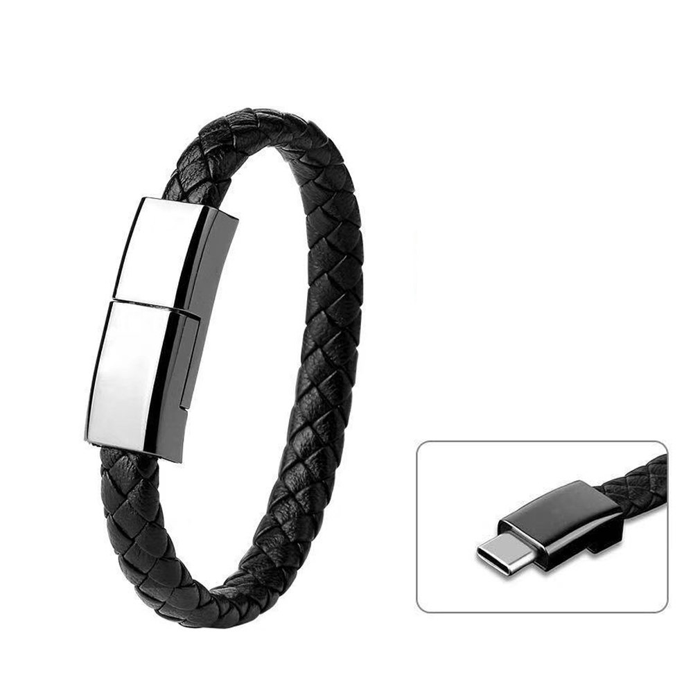 Läderarmband med inbyggd laddare, 3A USB till USB-C 20 cm