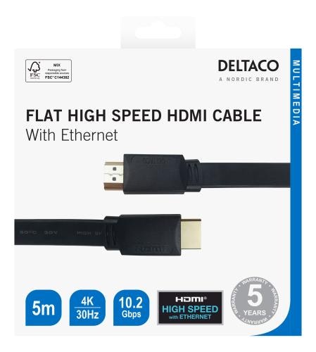 Platt high speed HDMI-kabel med Ethernet, 5 m, svart