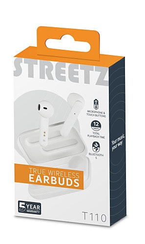 True Wireless Stereo hörlurar med laddningsetui, semi-in-ear, BT 5, mattvit