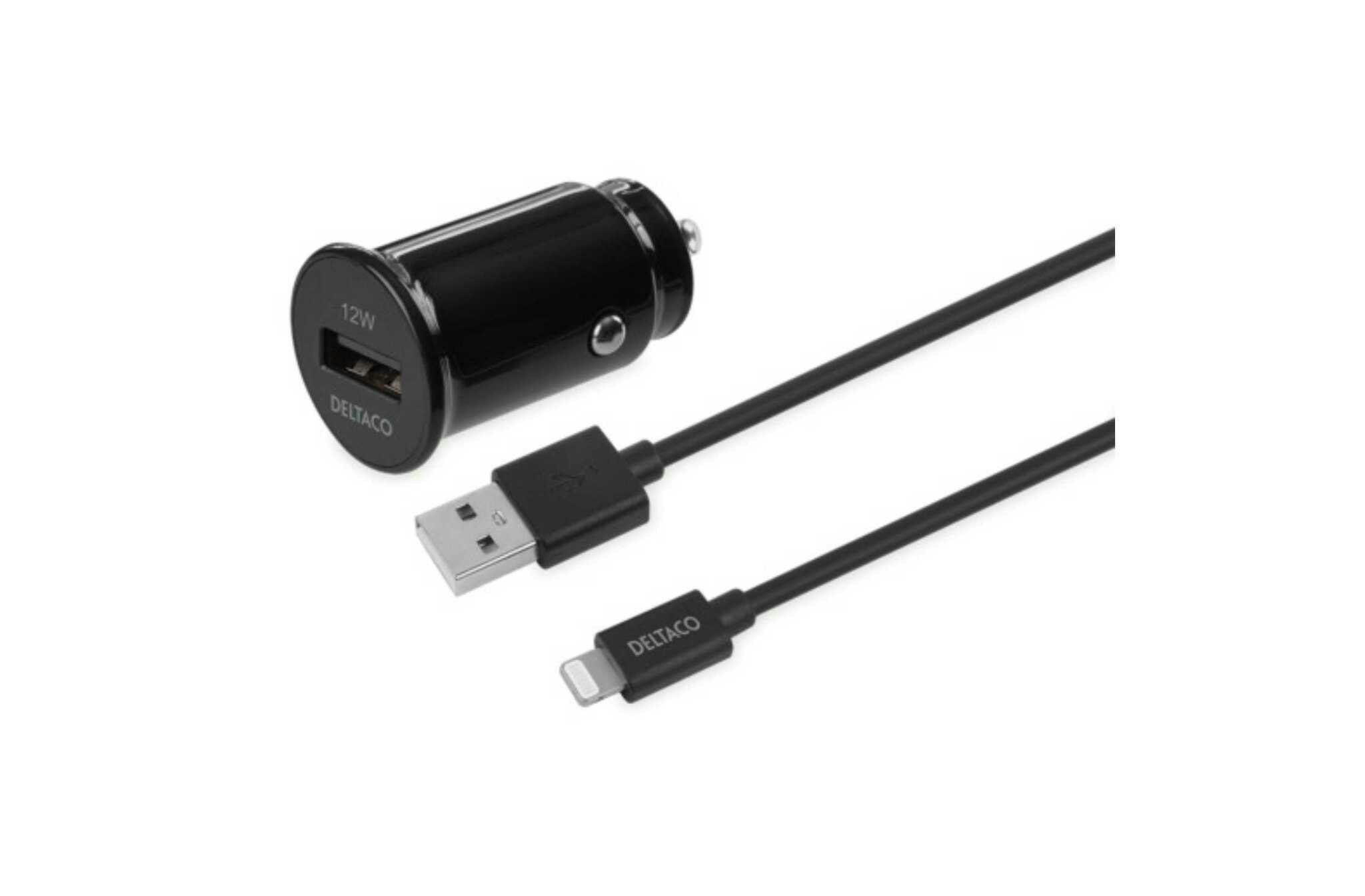 USB billadare med avtagbar USB-A till Lightning kabel, 12 W, 1m kabel, MFi, svart