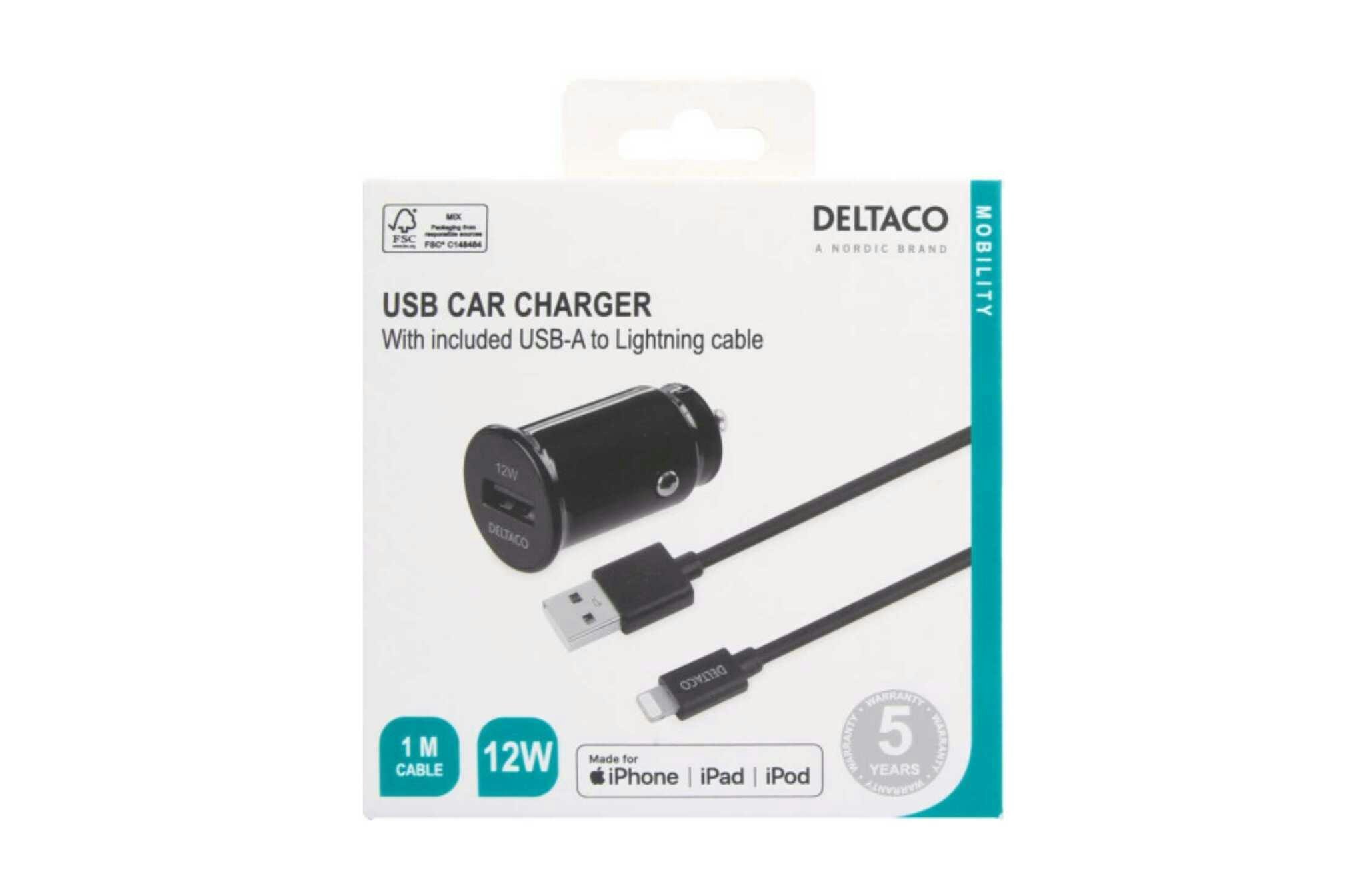 USB billadare med avtagbar USB-A till Lightning kabel, 12 W, 1m kabel, MFi, svart