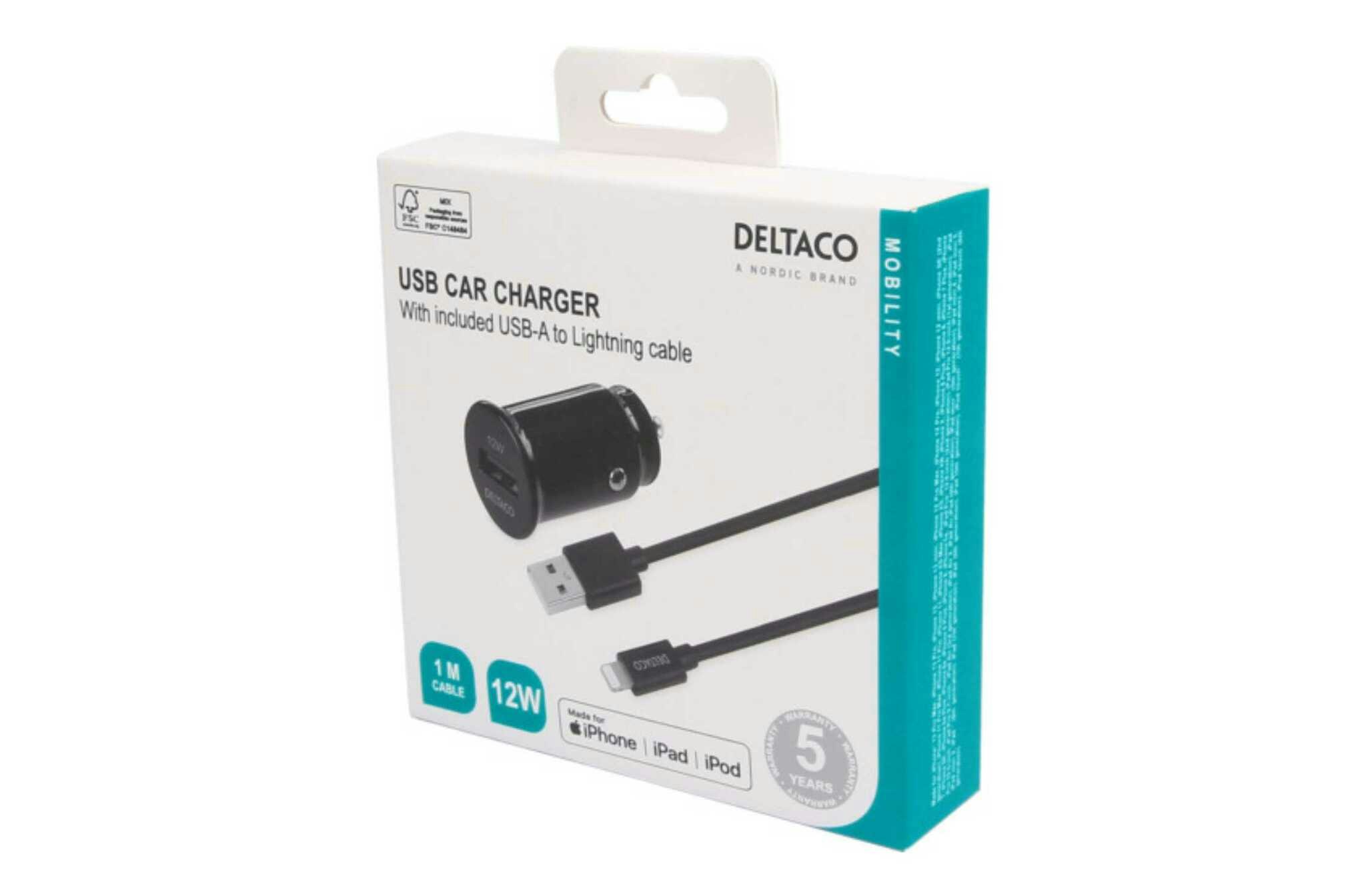 USB billadare med avtagbar USB-A till Lightning kabel, 12 W, 1m kabel, MFi, svart