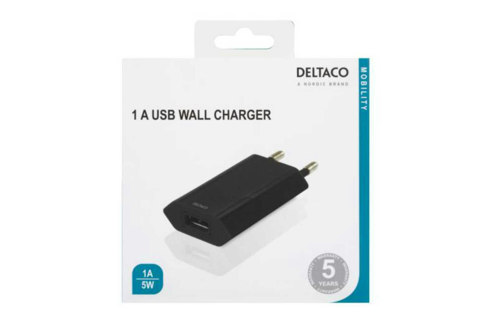 USB-väggladdare, 100 - 240 V, 1x USB-A, 1A, 5 W, svart