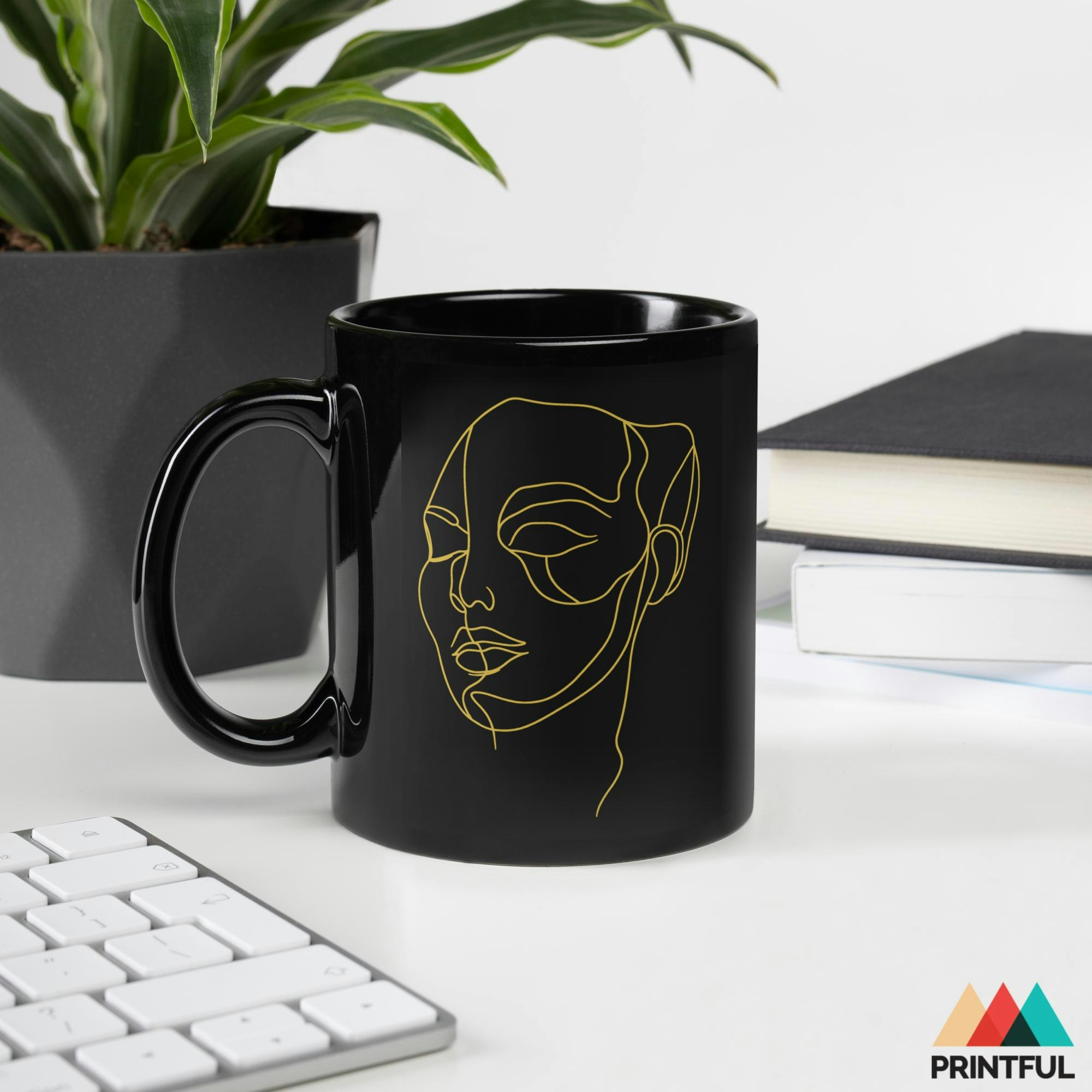 Gold Line Art Abstract Female Faces Mug | Customizable Text | Perfect for Coffee Lovers