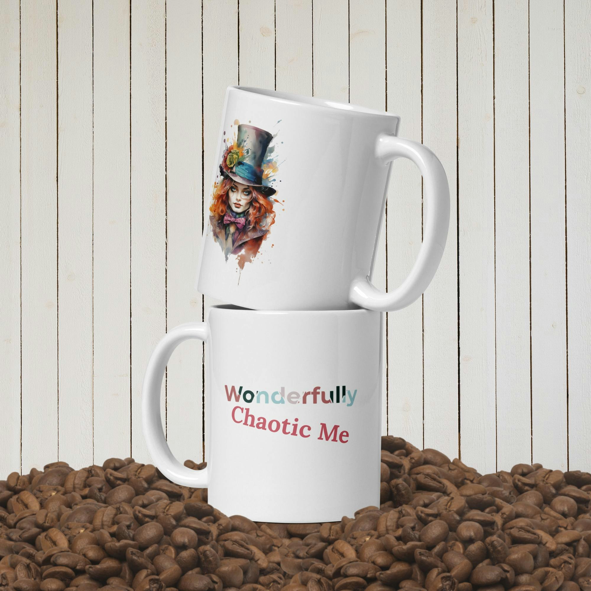 Female Mad Hatter Mug | Whimsical Chaotic Me | Customizable Text | Watercolor Illustration